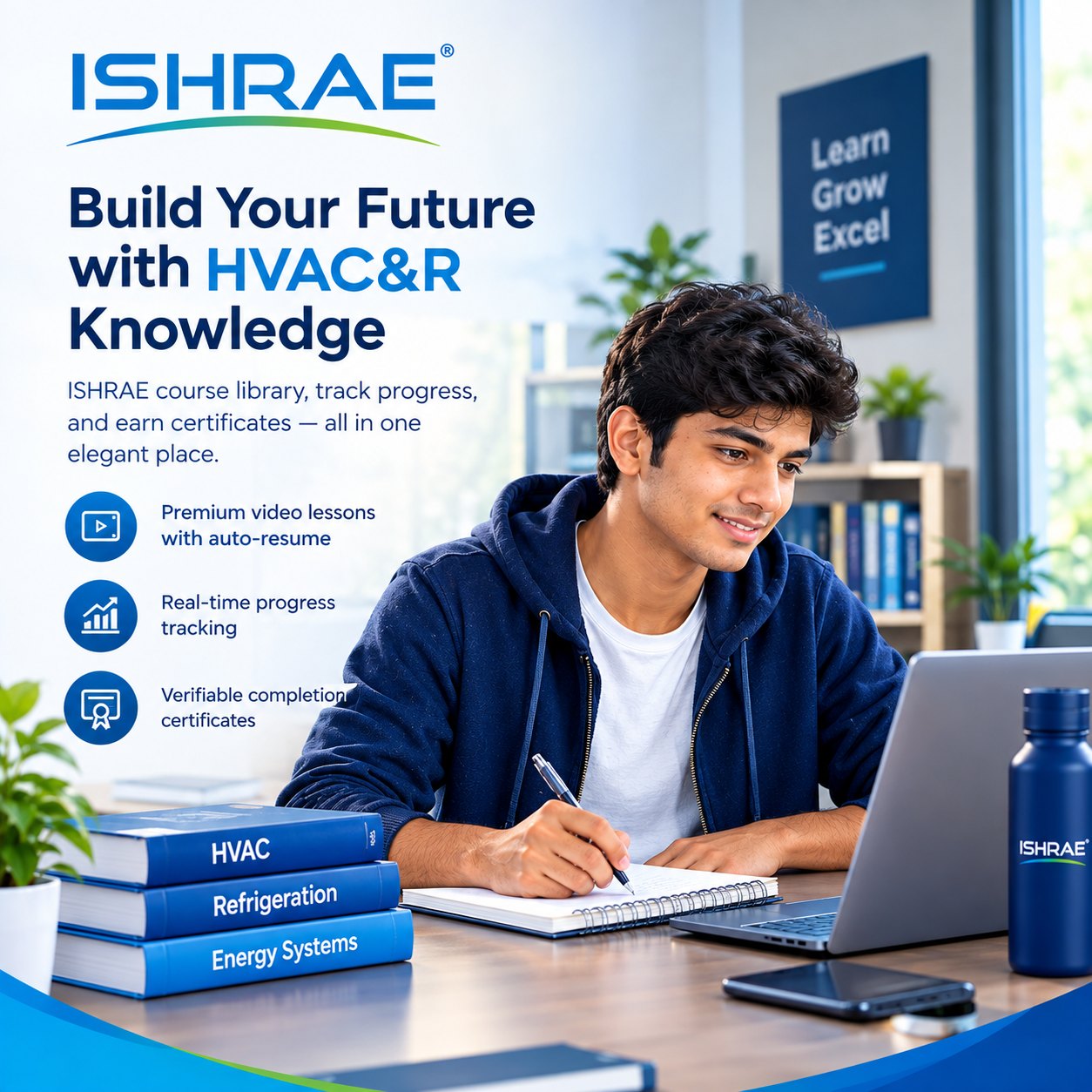 ISHRAE — build your future with HVAC&R knowledge: video lessons with auto-resume, real-time progress tracking and verifiable completion certificates